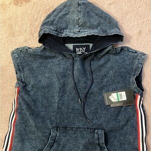 MNY Washed Denim-Look Sleeveless Hoodie with Side Stripes